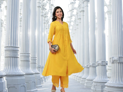 Muslin Solid Pleated A-Line Kurta Set