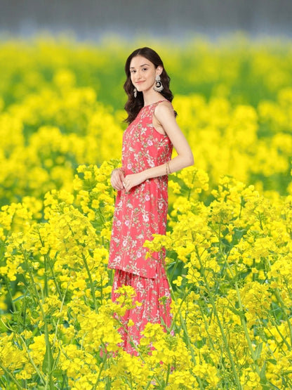 Digital Floral Printed Kurta with Sharara and Dupatta