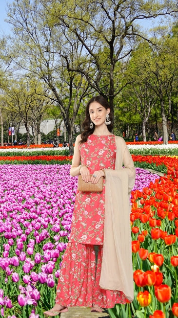 Digital Floral Printed Kurta with Sharara and Dupatta