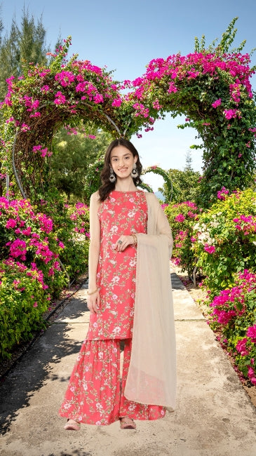Digital Floral Printed Kurta with Sharara and Dupatta