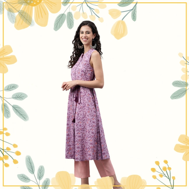 Lavender Cotton Floral Printed A-Line Kurta