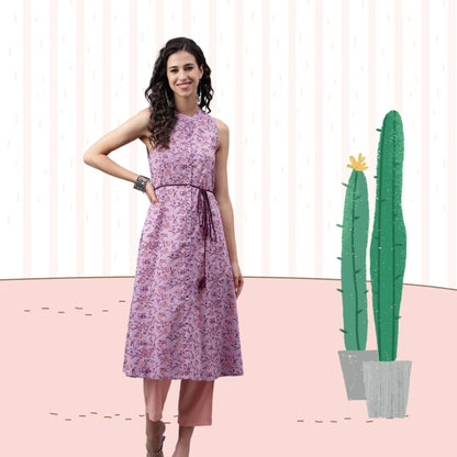 Lavender Cotton Floral Printed A-Line Kurta