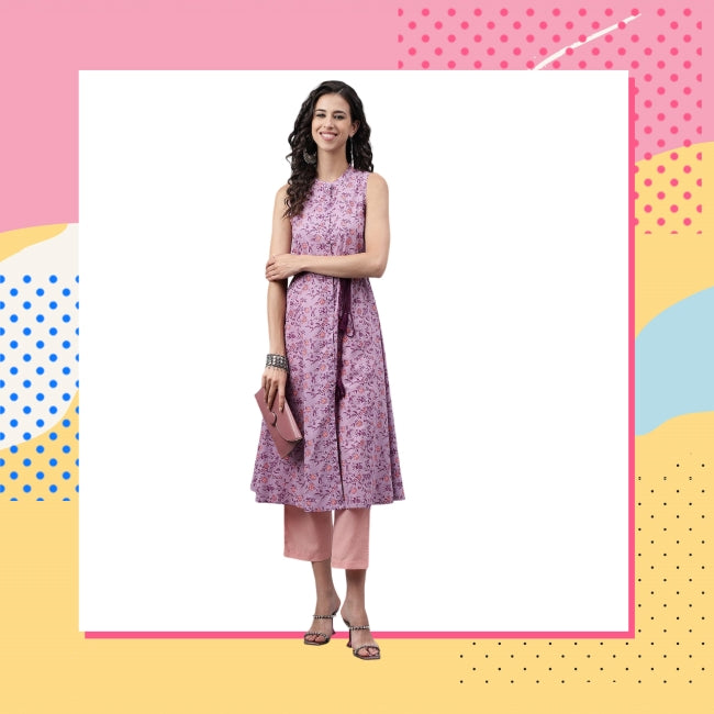 Lavender Cotton Floral Printed A-Line Kurta