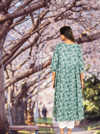 Green Cotton Floral Printed A-Line Maternity Kurta