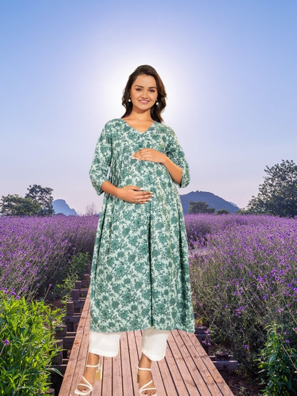 Green Cotton Floral Printed A-Line Maternity Kurta