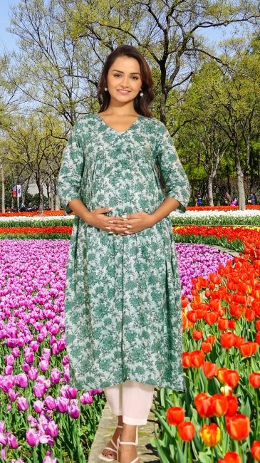 Green Cotton Floral Printed A-Line Maternity Kurta