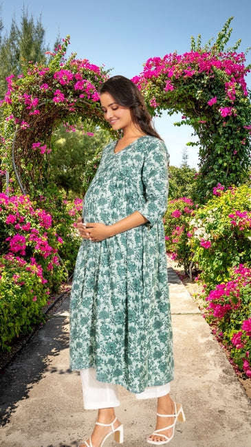 Green Cotton Floral Printed A-Line Maternity Kurta