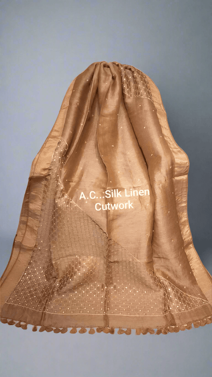Handwork Cutwork Pure Tissue 150 Count Linen Handloom Saree - Mani's Fashions