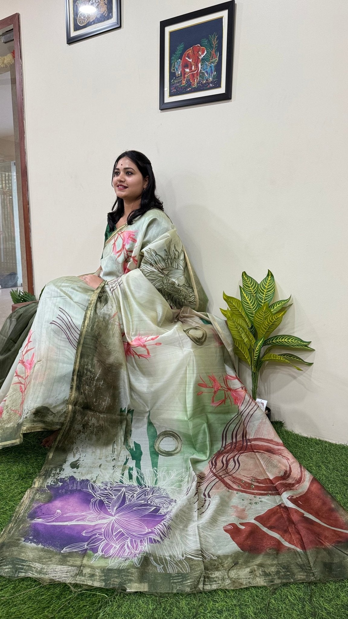 Malai Silk Saree with Abstract Digital Print - Mani's Fashions