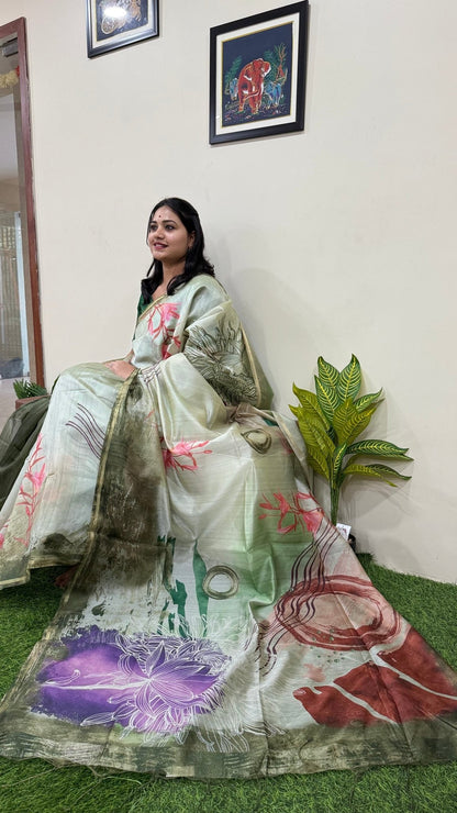 Malai Silk Saree with Abstract Digital Print - Mani's Fashions