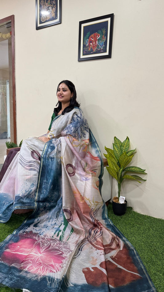 Malai Silk Saree with Abstract Digital Print - Mani's Fashions