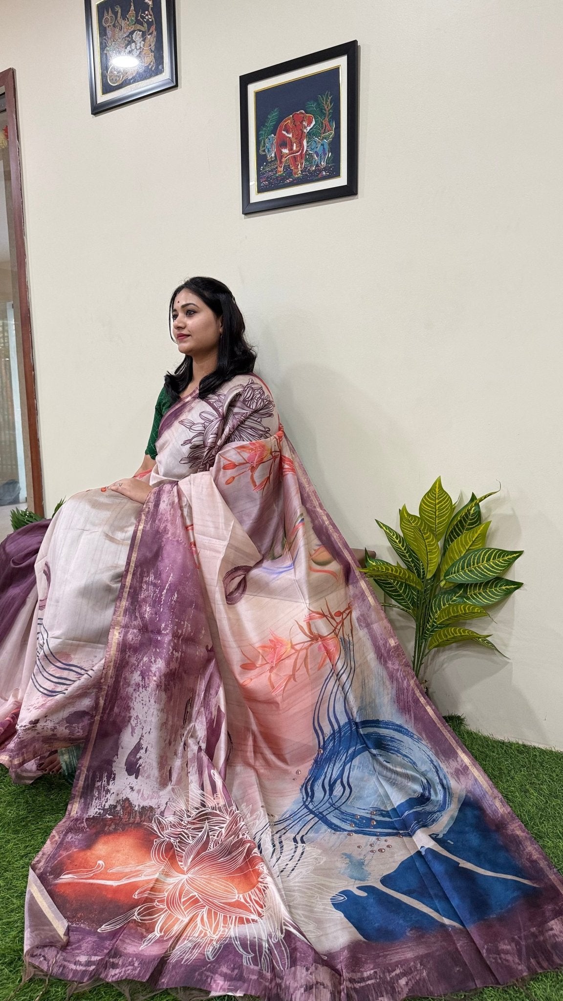 Malai Silk Saree with Abstract Digital Print - Mani's Fashions