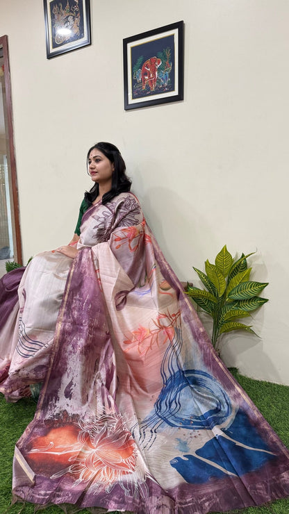 Malai Silk Saree with Abstract Digital Print - Mani's Fashions
