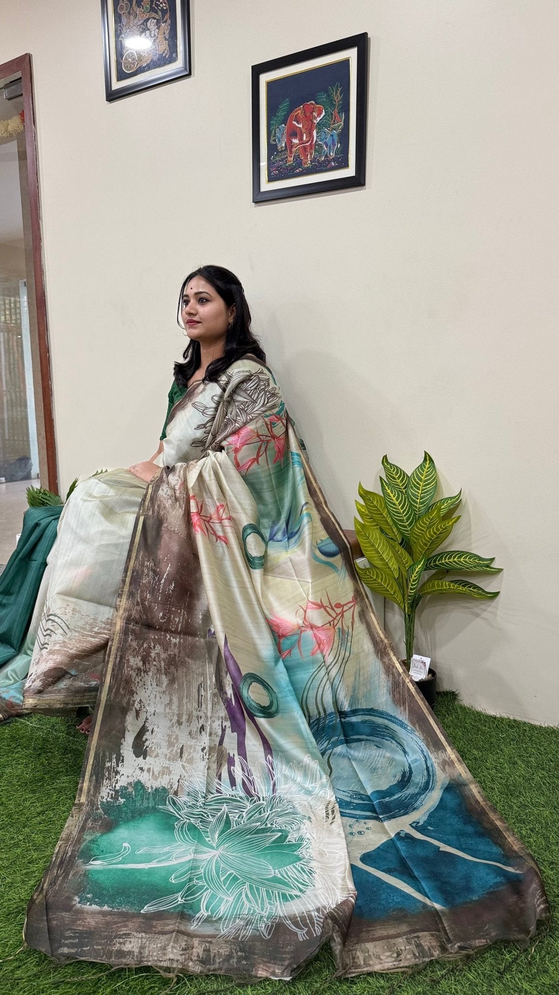 Malai Silk Saree with Abstract Digital Print - Mani's Fashions