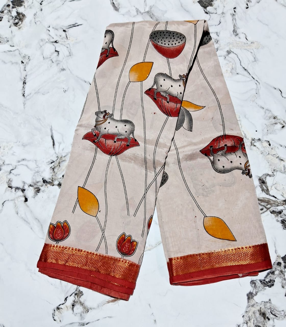 New arrival Exquisite Handloom Nellore Silk Saree with Kalamkari Print & Nizam Border - Mani's Fashions