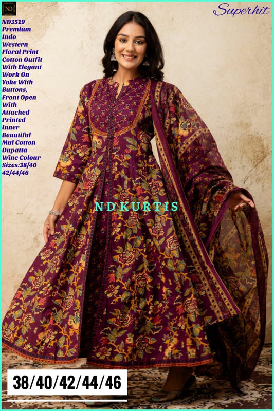 Premium Indo - Western Floral Print Cotton Outfit - Mani's Fashions