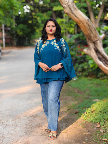 Teal Blue Georgette Embellished A-Line Top 3991