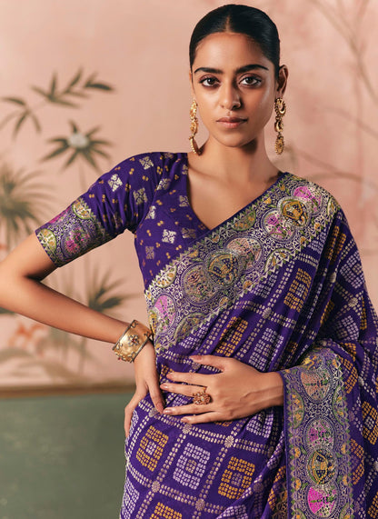 Pure Kaddi Georgette Zari Weaving Saree in Royal Blue with Bandhej-Inspired Checked Pattern and Traditional Border – Festive & Wedding Wear for Women