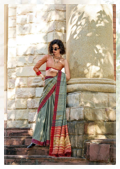 Handloom Style Katan Silk Saree with Red Zari Border – Elegant Office & Festive Wear Saree for Women