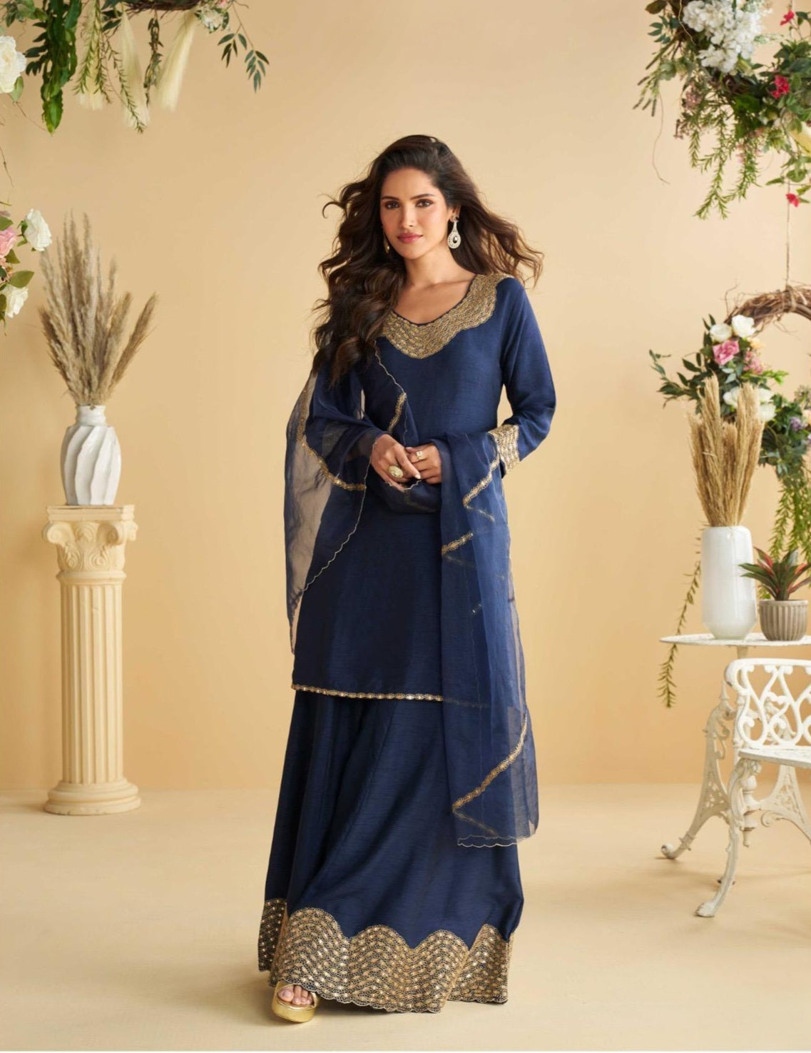 Royal Blue Real Silk Embroidered Kurta Sharara Dupatta Set for Women – Festive and Party Wear Designer Outfit (XL)