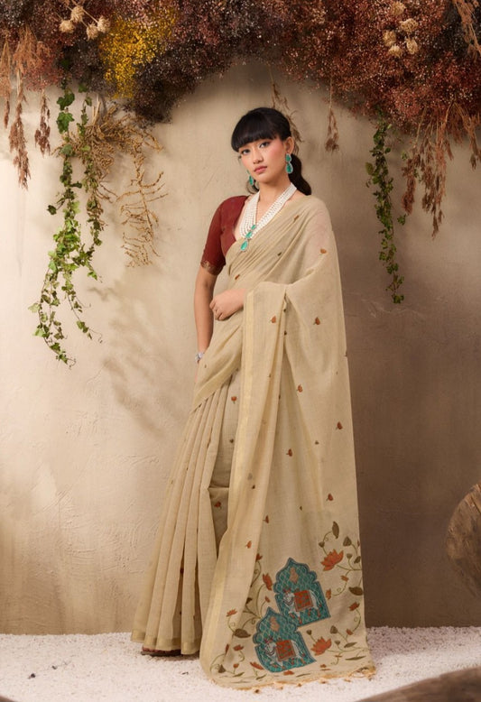 Munga Cotton Handloom Pichwai Saree for Women with Woven Border and Tassel Pallu – Soft Lightweight Traditional Wear