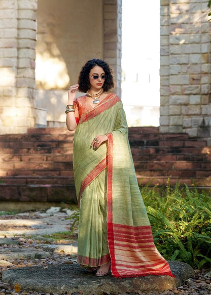 Handloom Style Katan Silk Saree with Red Zari Border – Elegant Office & Festive Wear Saree for Women