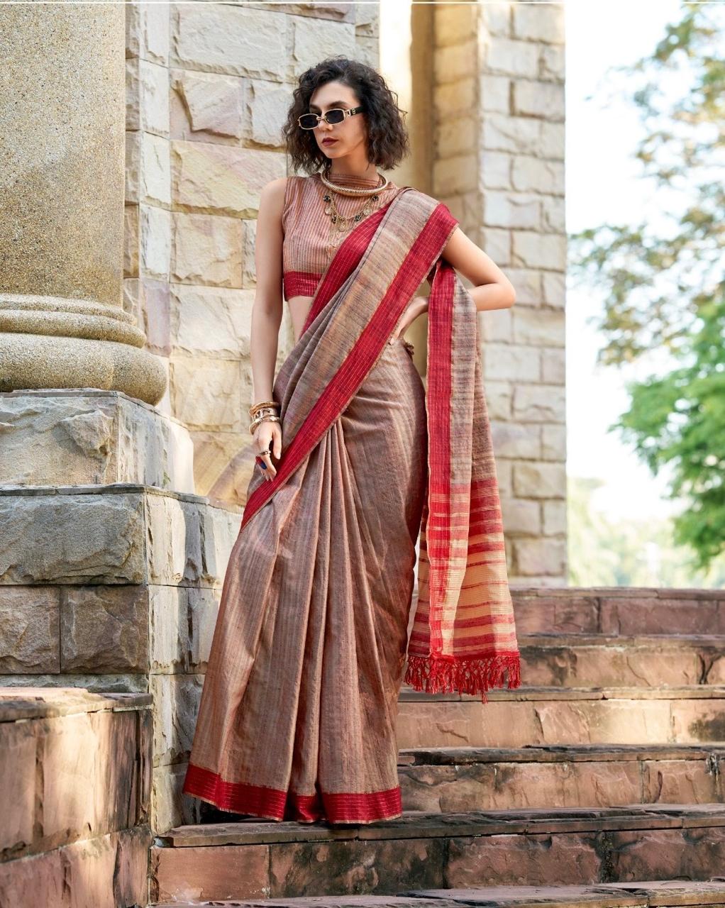Handloom Style Katan Silk Saree with Red Zari Border – Elegant Office & Festive Wear Saree for Women