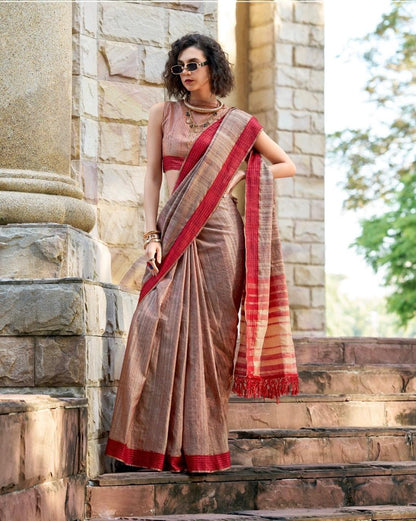 Handloom Style Katan Silk Saree with Red Zari Border – Elegant Office & Festive Wear Saree for Women