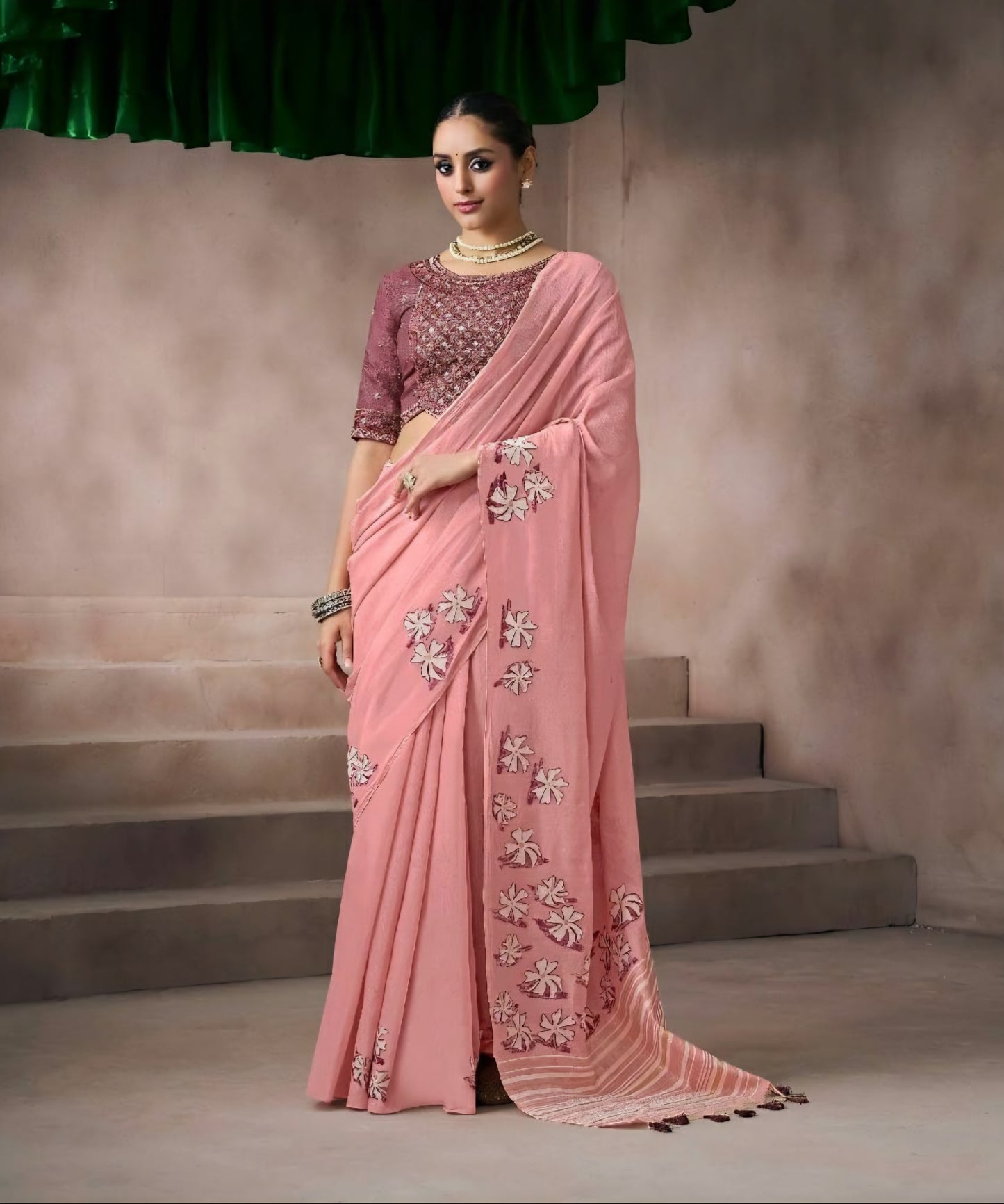 Pink kora silk style viscose saree with woven motifs and embroidered unstitched blouse fabric for festive wear