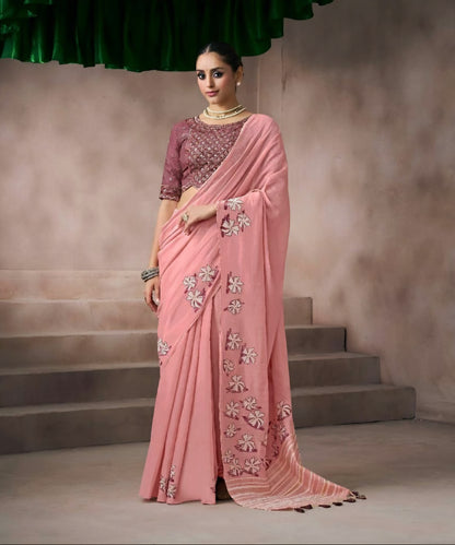 Pink kora silk style viscose saree with woven motifs and embroidered unstitched blouse fabric for festive wear