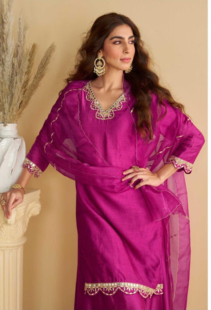 Magenta Pink Real Silk Embroidered Kurta Sharara Dupatta Set for Women – Festive and Wedding Wear Designer Outfit (XL)
