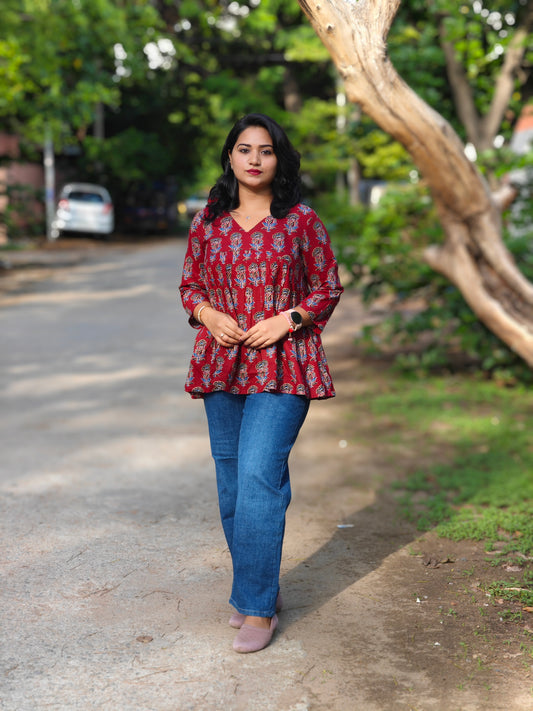 Maroon Cotton Floral Block Print Flared Top 4034