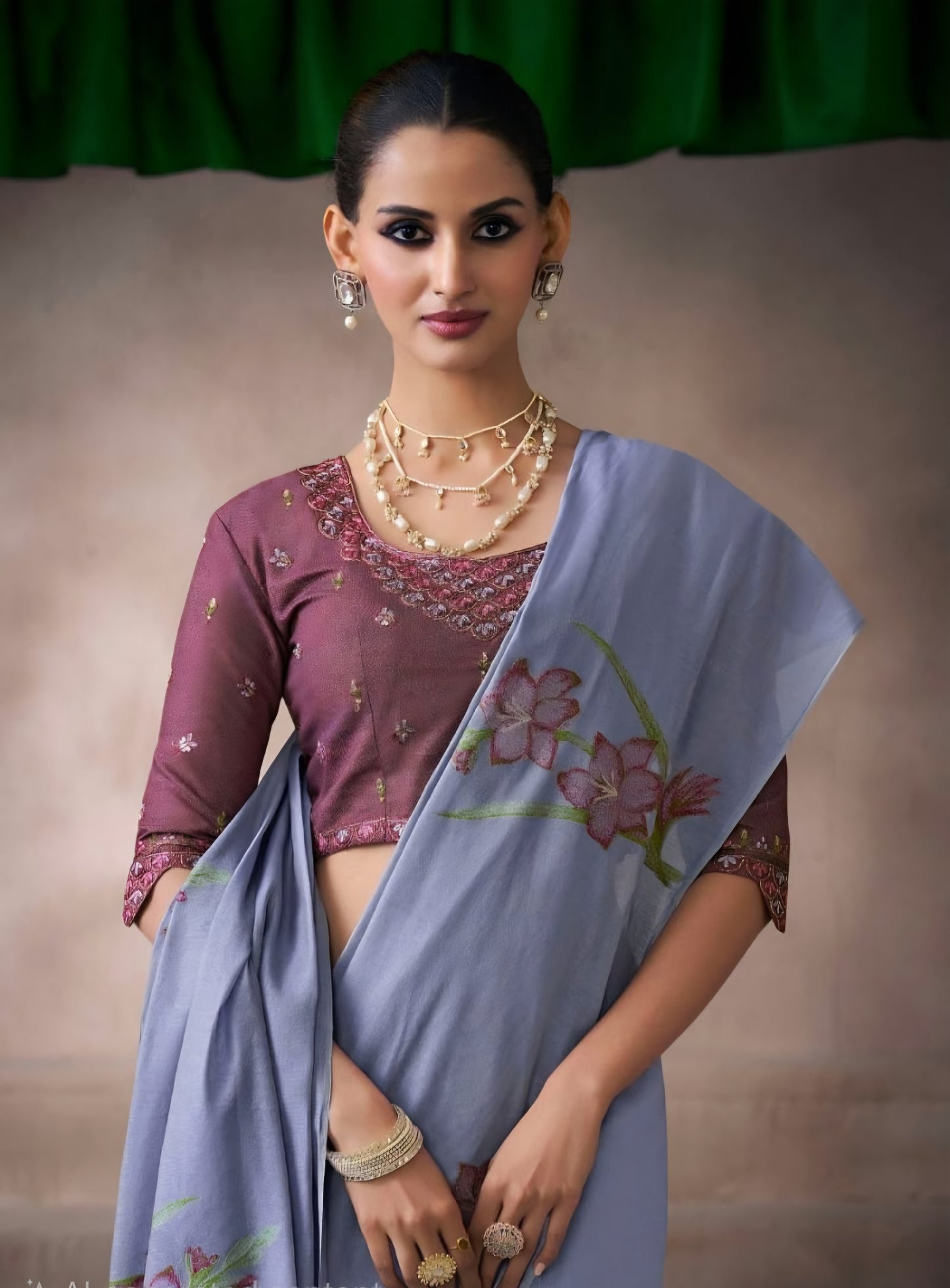 Lavender blue woven viscose saree in kora silk style with tassel pallu and embroidered blouse fabric