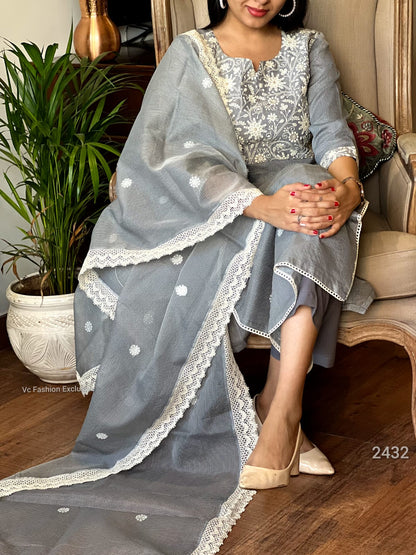 Graceful Grey: Embroidered Kota Doria Ensemble 2432