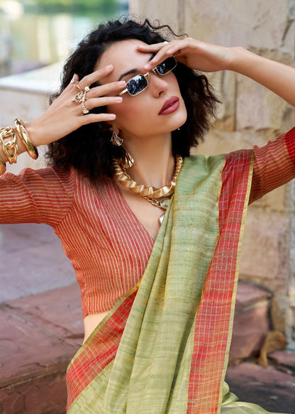 Handloom Style Katan Silk Saree with Red Zari Border – Elegant Office & Festive Wear Saree for Women