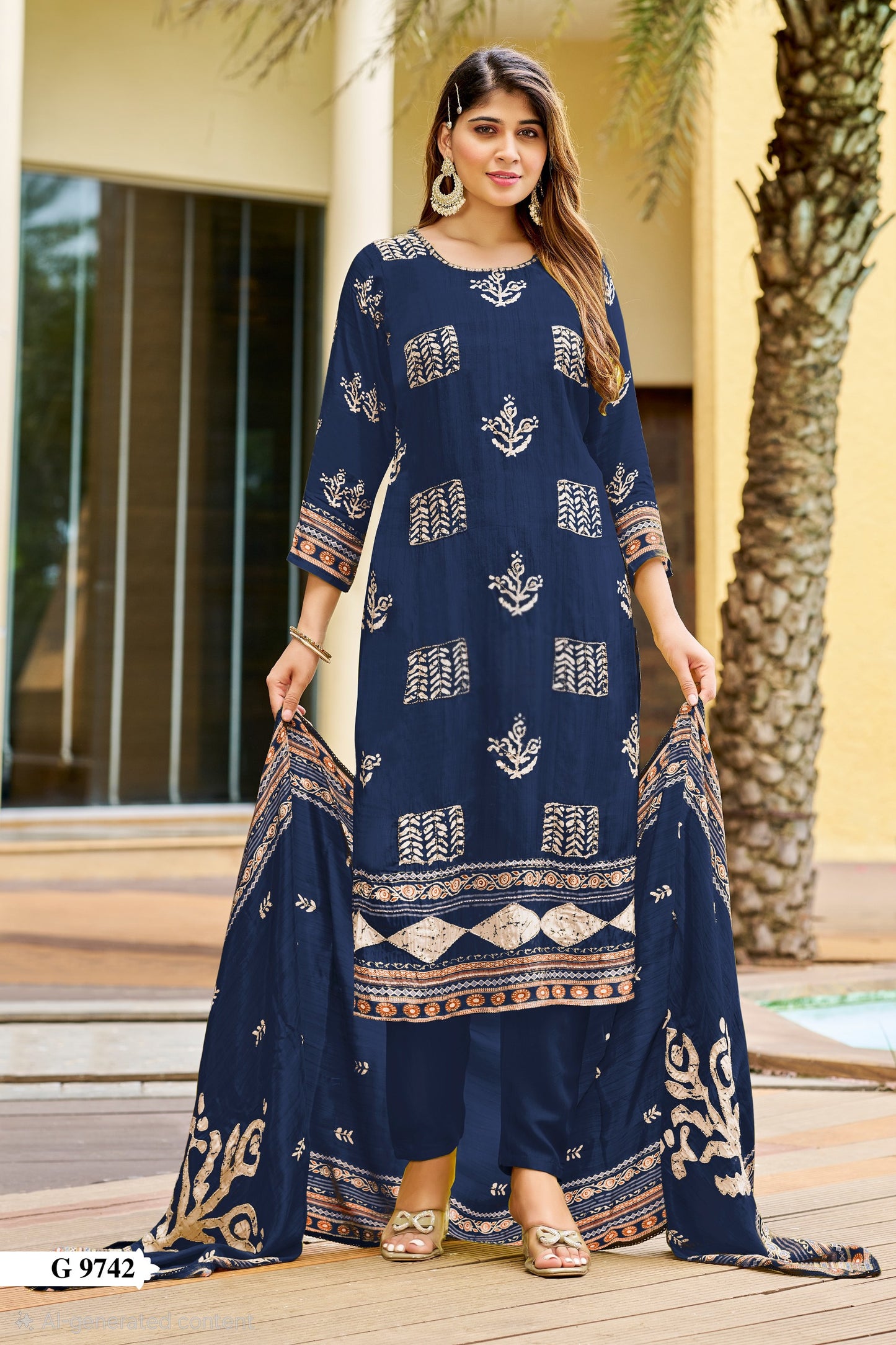 Pure natural crepe kurti pant dupatta set with heavy handwork and cotton lining for women