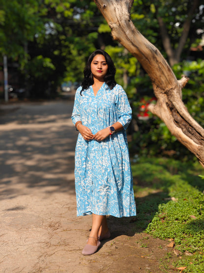 Sky Blue Cotton Floral Print Flared Kurta 4006