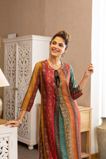 German Rayon Printed Kurta Pant Set for Women with Detailing Work – Sizes 38–46