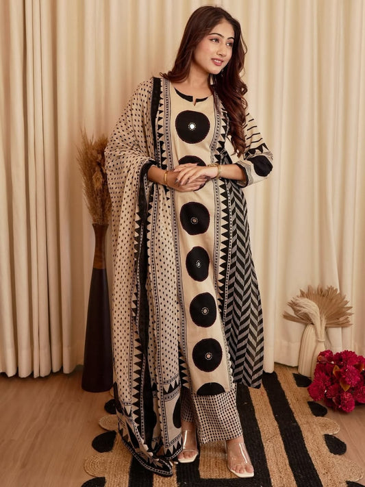 Beige and Black Cotton Printed Kurta Pant Dupatta Set for Women – Geometric Pattern Daily and Festive Wear