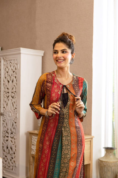 German Rayon Printed Kurta Pant Set for Women with Detailing Work – Sizes 38–46