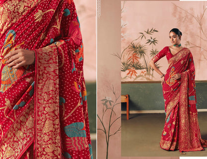 Pure Kaddi Georgette Zari Weaving Saree in Crimson Red with Traditional Floral Jaal and Rich Border – Festive & Wedding Wear Saree for Women
