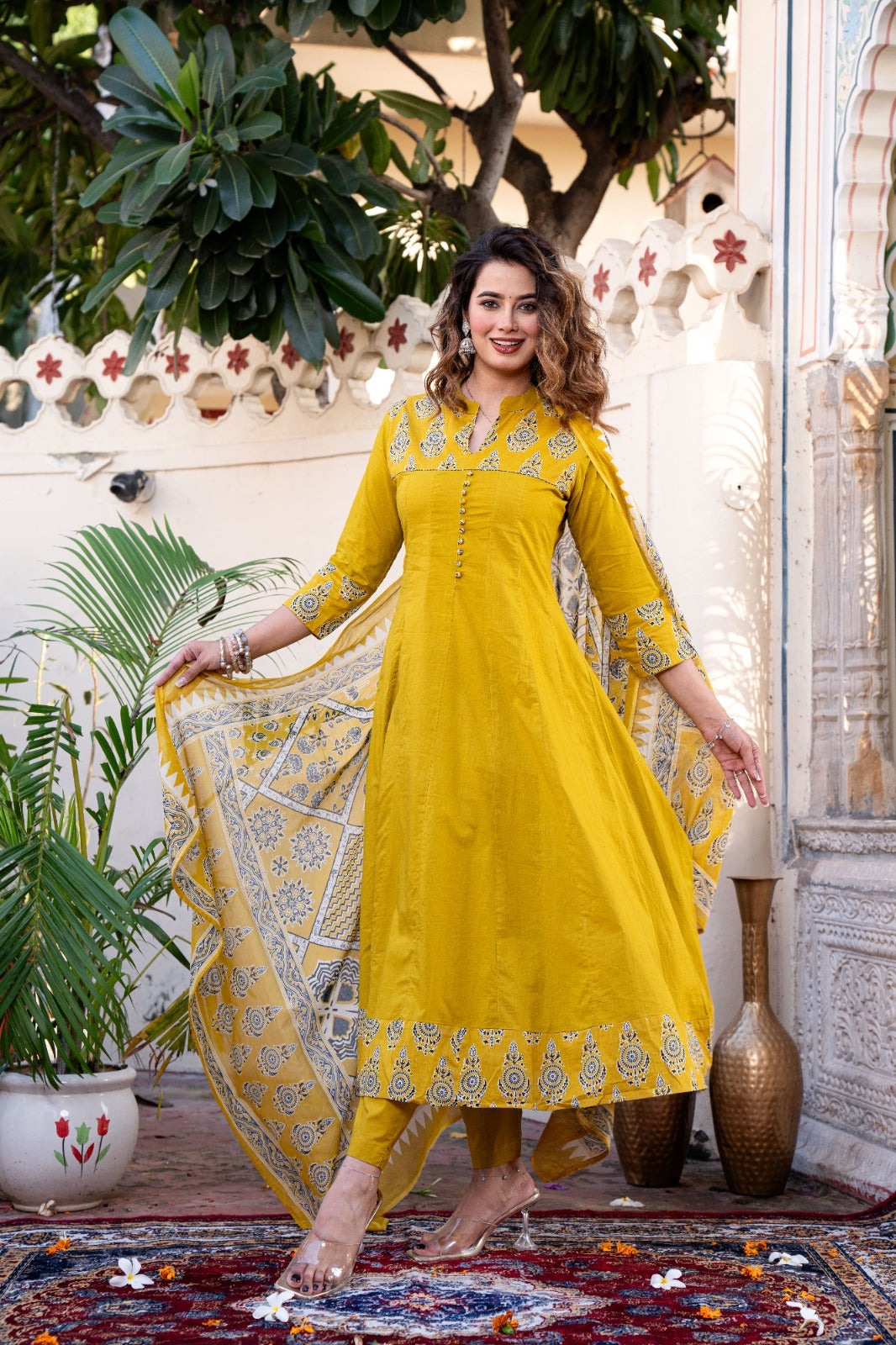 Cotton Printed Anarkali Suit Set with Embroidered Yoke and Dupatta – Mustard Yellow (Women’s Ethnic Wear)