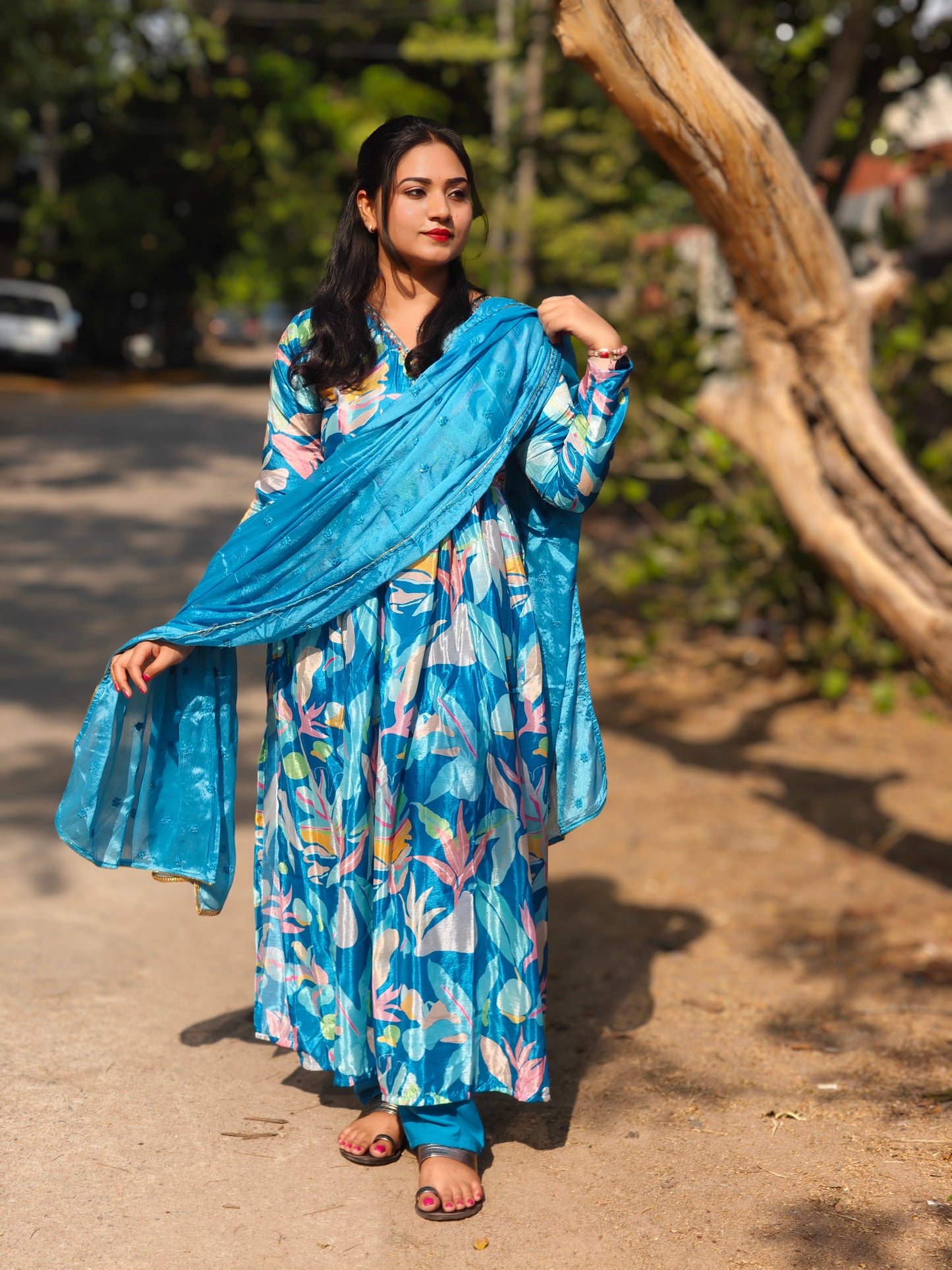 Blue Chinnon Alia Cut Suit Set