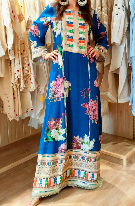 Women’s muslin long kaftan maxi dress blue floral print, yoke detailing, full length, sizes M-3XL