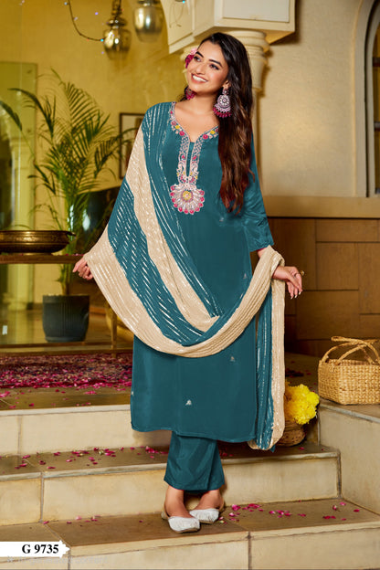 Pure natural crepe kurti pant dupatta set with chiffon lurex dupatta and handwork for women