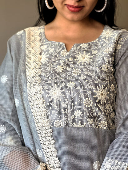 Graceful Grey: Embroidered Kota Doria Ensemble 2432