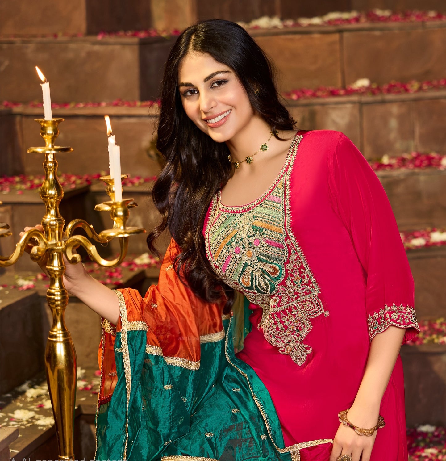 Pure Crepe Kurta Pant Dupatta Set with Heavy Embroidery and Organza Dupatta – Festive Ethnic Wear for Women