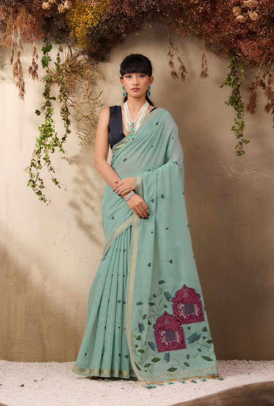 Munga Cotton Handloom Pichwai Saree for Women with Woven Border and Tassel Pallu – Soft Lightweight Traditional Wear