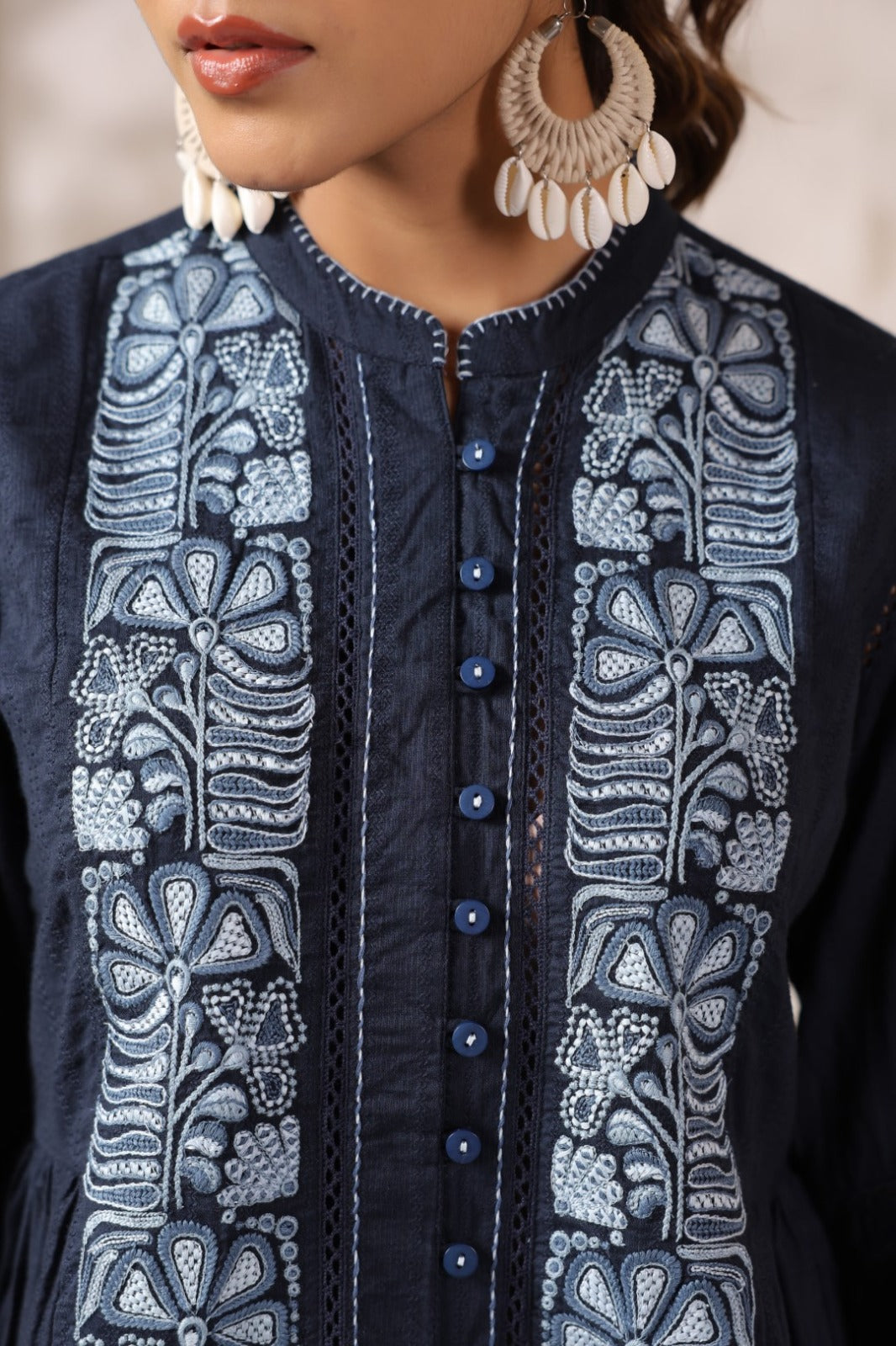 Women’s cotton hand-embroidered navy co-ord set with peplum top and straight pants, size 38–44