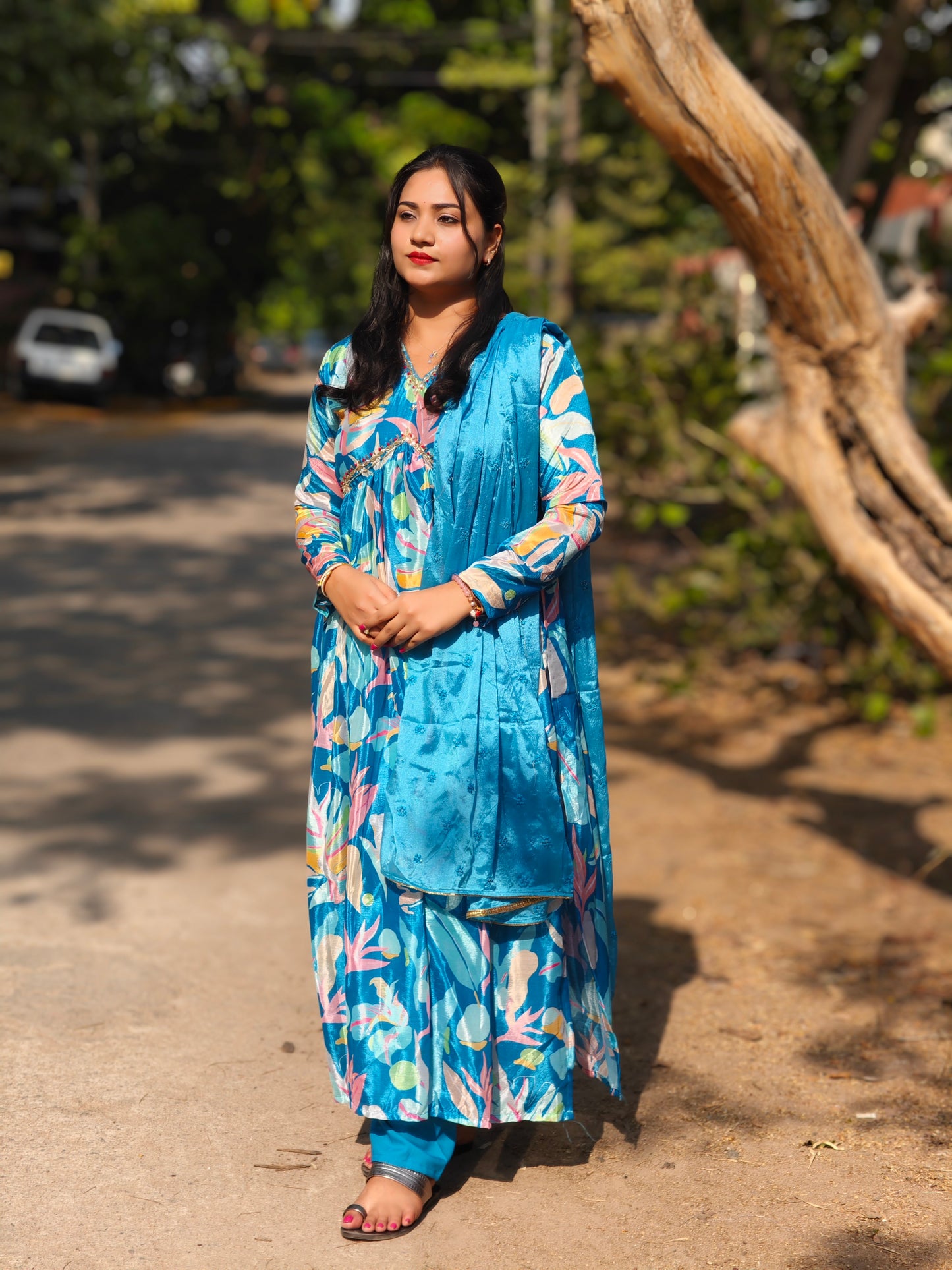 Blue Chinnon Alia Cut Suit Set